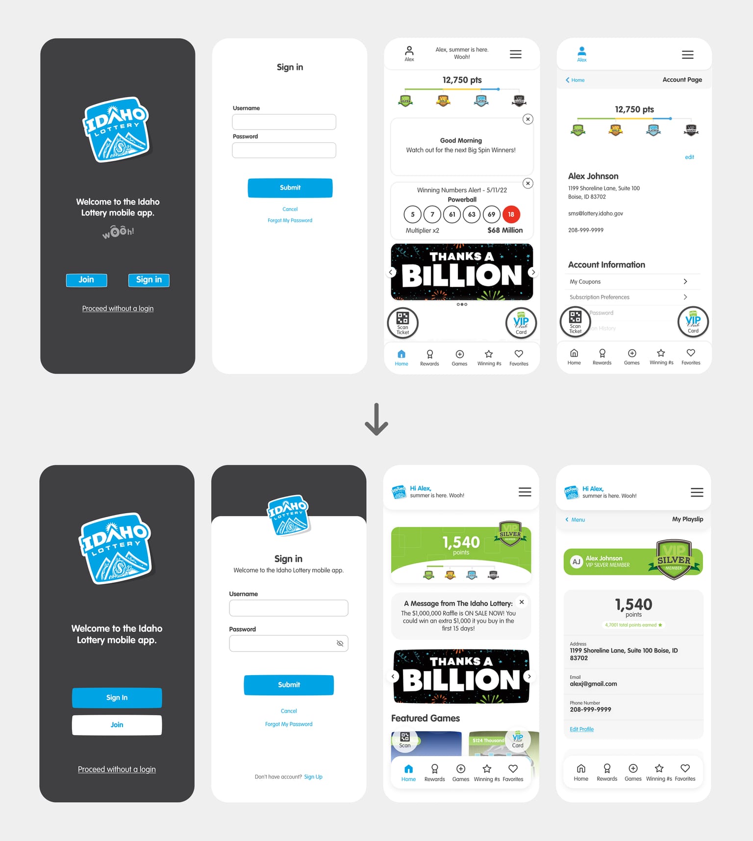 Before and after of the login, home, and account screens