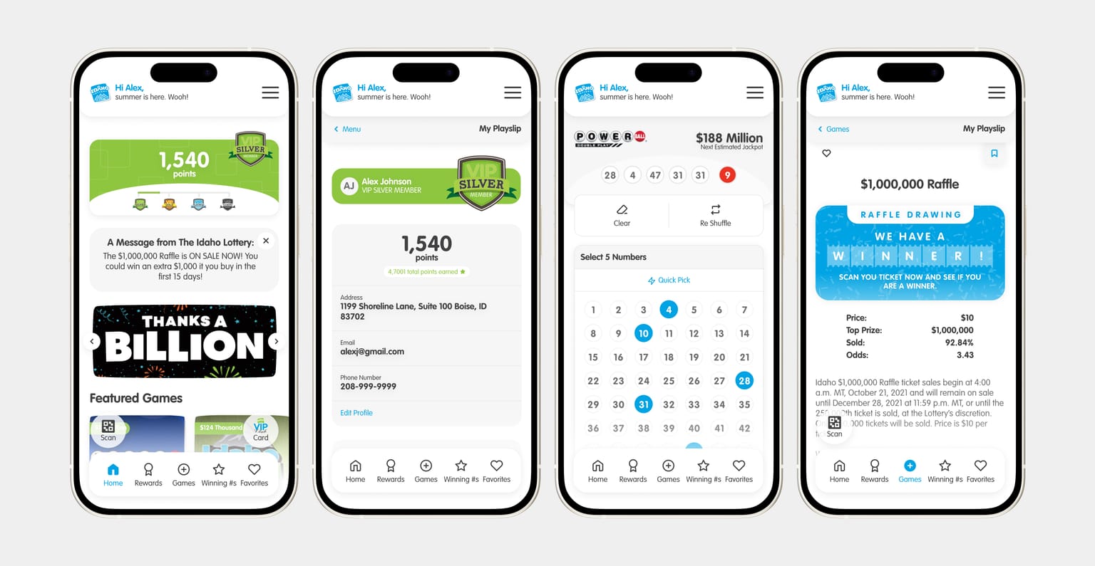 Idaho Lottery mobile app — login, home, and account screens